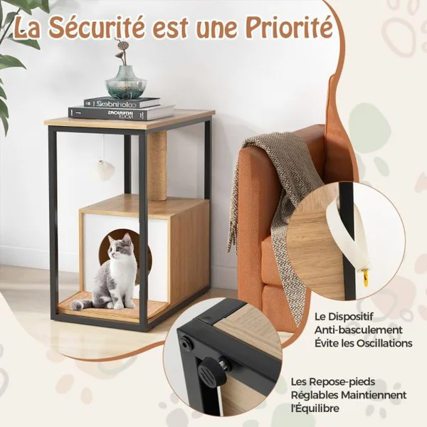 Arbre à Chat 66CM Griffoir Pompon Suspendu Coussin Amovible Niche Repose-pieds Réglables Cadre en Métal Marron
