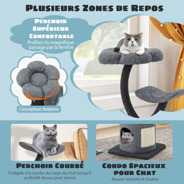 Arbre à Chat 88CM avec Perchoir et Balle Suspendue Tour à Chat avec Poteaux de Soutien en Métal et housse de Condo Amovible Gris