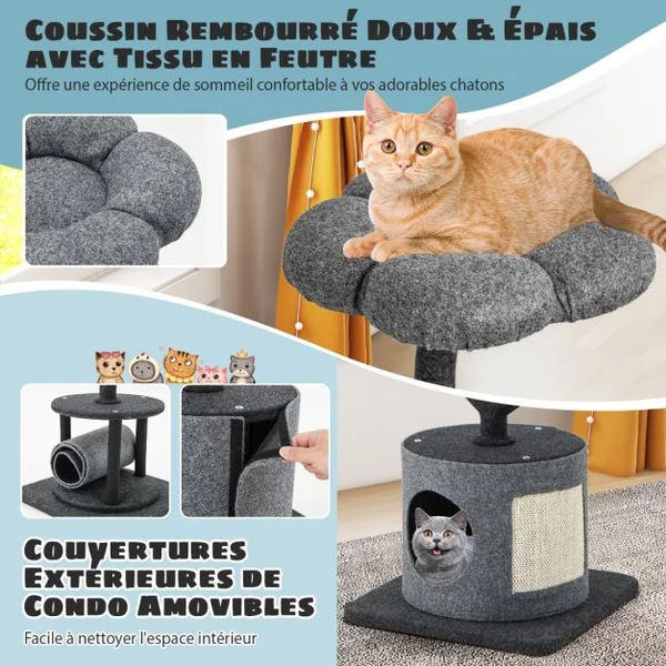 Arbre à Chat 88CM avec Perchoir et Balle Suspendue Tour à Chat avec Poteaux de Soutien en Métal et housse de Condo Amovible Gris