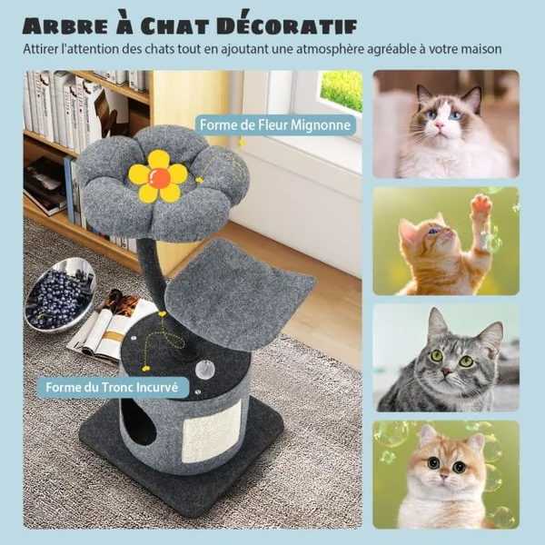 Arbre à Chat 88CM avec Perchoir et Balle Suspendue Tour à Chat avec Poteaux de Soutien en Métal et housse de Condo Amovible Gris
