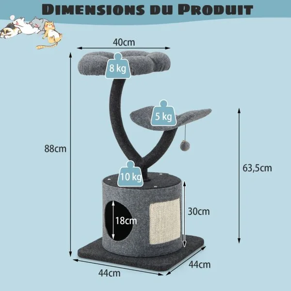 Arbre à Chat 88CM avec Perchoir et Balle Suspendue Tour à Chat avec Poteaux de Soutien en Métal et housse de Condo Amovible Gris