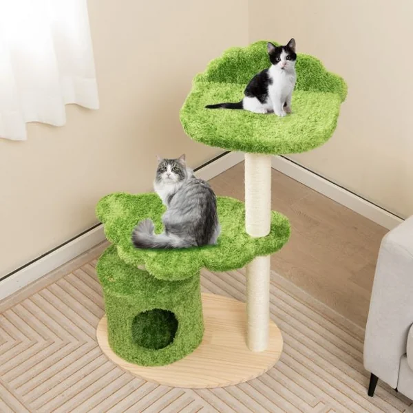 Arbre à Chat 97 CM en Bois Poteau Griffoir Condo Plate-forme Perchoir Coussin Amovible Tour d'activités pour Chat Vert