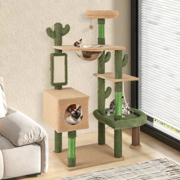 Arbre à Chat Cactus 150Cm Tour pour Chat à Plusieurs Niveaux Griffoirs Planche Corde en Sisal Condo Perchoir en Peluche Vert
