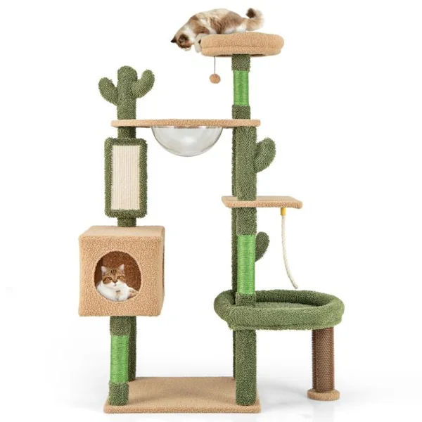 Arbre à Chat Cactus 150Cm Tour pour Chat à Plusieurs Niveaux Griffoirs Planche Corde en Sisal Condo Perchoir en Peluche Vert