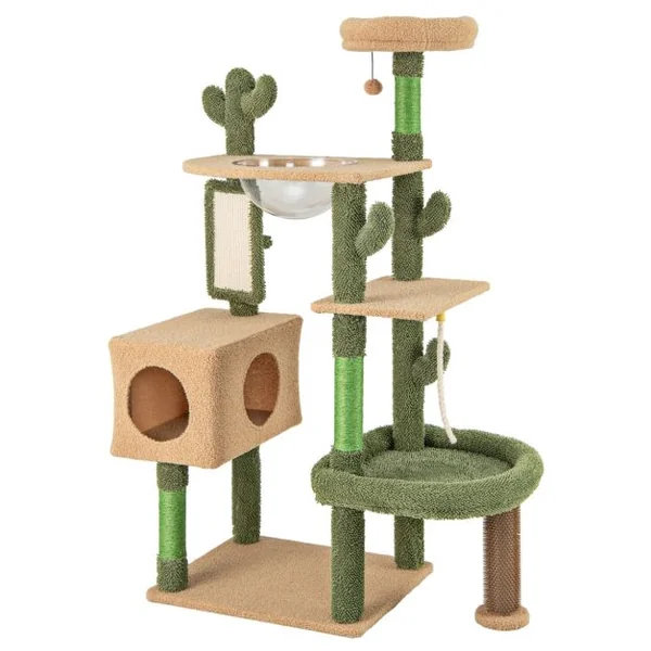 Arbre à Chat Cactus 150Cm Tour pour Chat à Plusieurs Niveaux Griffoirs Planche Corde en Sisal Condo Perchoir en Peluche Vert