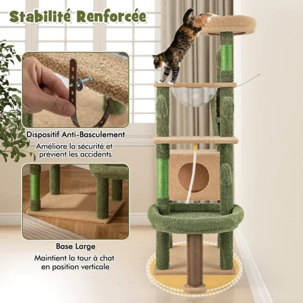 Arbre à Chat Cactus 150Cm Tour pour Chat à Plusieurs Niveaux Griffoirs Planche Corde en Sisal Condo Perchoir en Peluche Vert