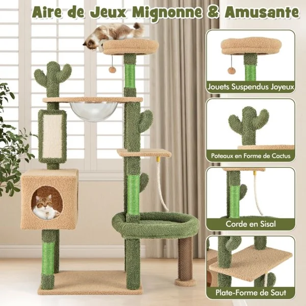 Arbre à Chat Cactus 150Cm Tour pour Chat à Plusieurs Niveaux Griffoirs Planche Corde en Sisal Condo Perchoir en Peluche Vert