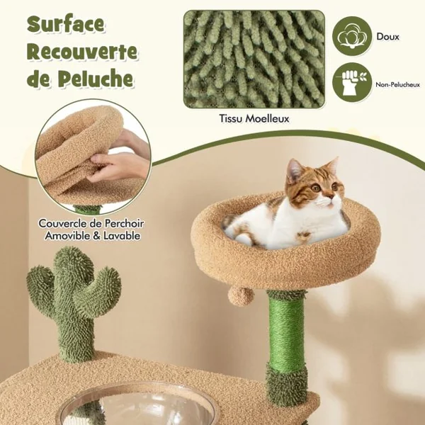 Arbre à Chat Cactus 150Cm Tour pour Chat à Plusieurs Niveaux Griffoirs Planche Corde en Sisal Condo Perchoir en Peluche Vert