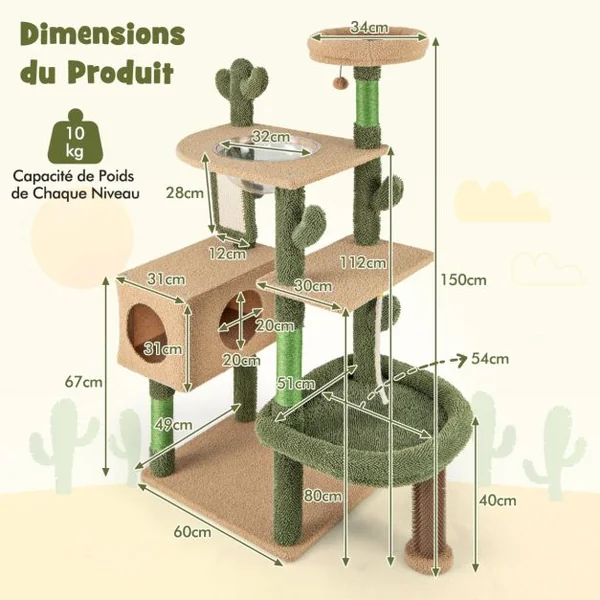 Arbre à Chat Cactus 150Cm Tour pour Chat à Plusieurs Niveaux Griffoirs Planche Corde en Sisal Condo Perchoir en Peluche Vert