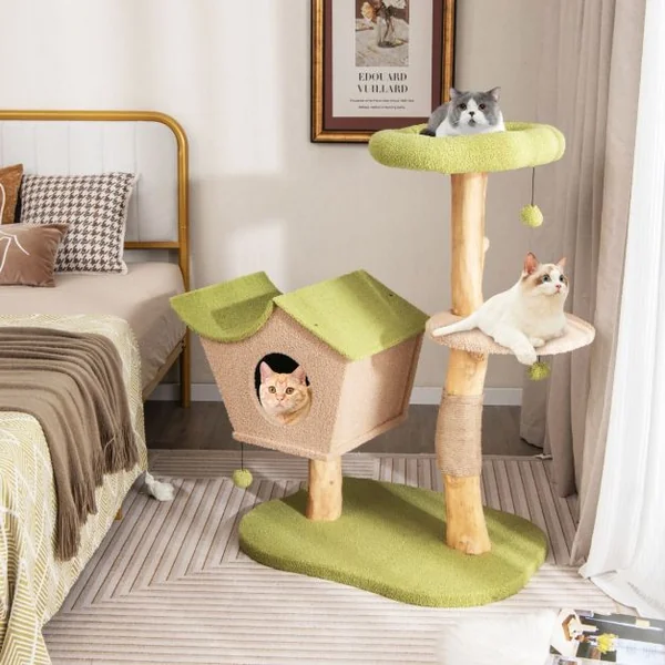 Arbre à Chat de 110 CM Tour à Chat en Bois Perchoir Supérieur Rembourré Condo pour Chatcentre d'Activité pour Chat Balles Pendantes Vert