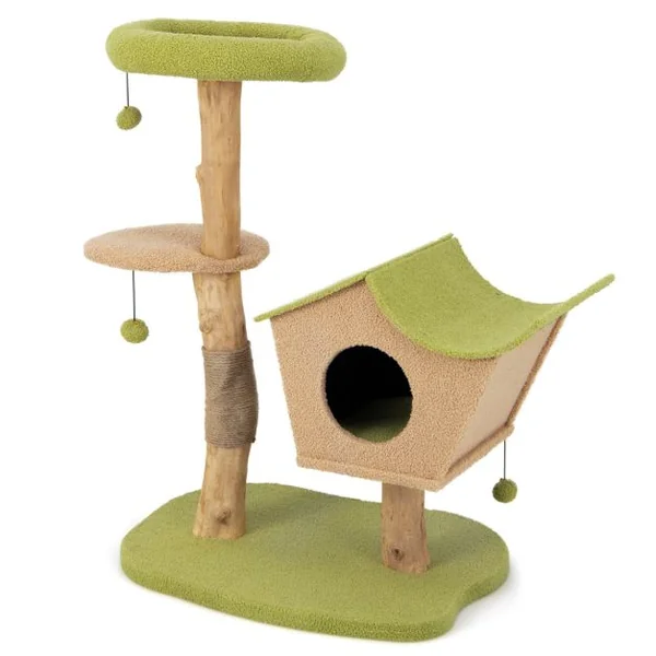Arbre à Chat de 110 CM Tour à Chat en Bois Perchoir Supérieur Rembourré Condo pour Chatcentre d'Activité pour Chat Balles Pendantes Vert