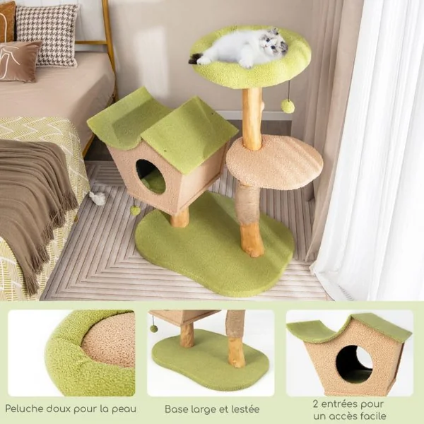 Arbre à Chat de 110 CM Tour à Chat en Bois Perchoir Supérieur Rembourré Condo pour Chatcentre d'Activité pour Chat Balles Pendantes Vert
