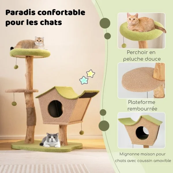 Arbre à Chat de 110 CM Tour à Chat en Bois Perchoir Supérieur Rembourré Condo pour Chatcentre d'Activité pour Chat Balles Pendantes Vert