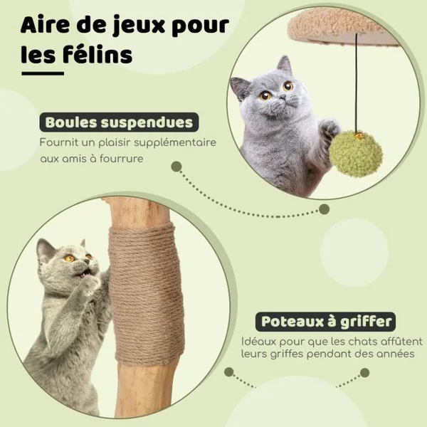 Arbre à Chat de 110 CM Tour à Chat en Bois Perchoir Supérieur Rembourré Condo pour Chatcentre d'Activité pour Chat Balles Pendantes Vert
