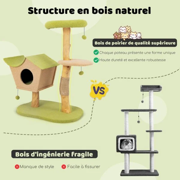 Arbre à Chat de 110 CM Tour à Chat en Bois Perchoir Supérieur Rembourré Condo pour Chatcentre d'Activité pour Chat Balles Pendantes Vert