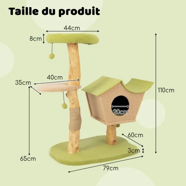 Arbre à Chat de 110 CM Tour à Chat en Bois Perchoir Supérieur Rembourré Condo pour Chatcentre d'Activité pour Chat Balles Pendantes Vert