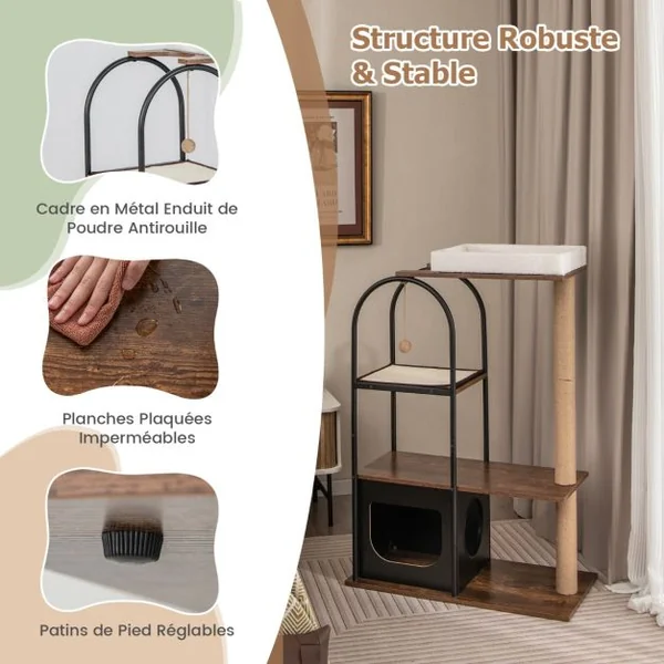 Arbre à Chat de 118 Cm de Haut avec Cadre en Métal Lit pour Chat Poteaux à Gratter en Jute Planche en Sisal Boule Suspendue Meuble d'Escalade Blanc