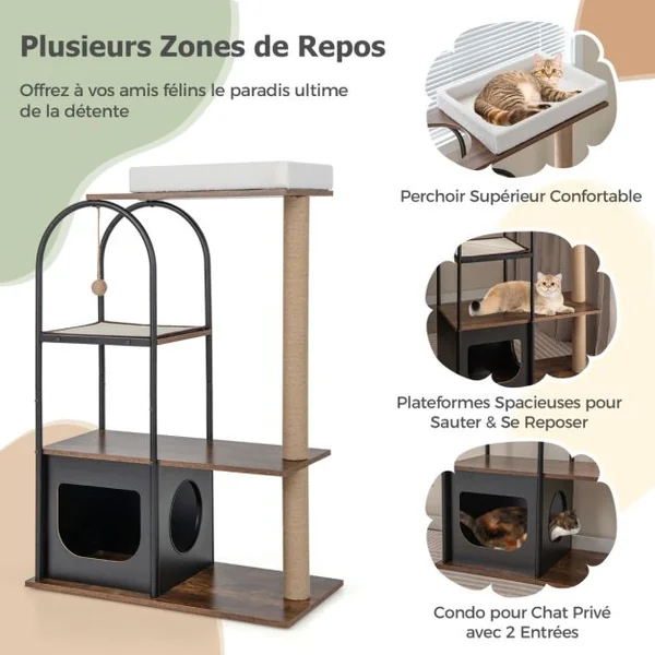 Arbre à Chat de 118 Cm de Haut avec Cadre en Métal Lit pour Chat Poteaux à Gratter en Jute Planche en Sisal Boule Suspendue Meuble d'Escalade Blanc