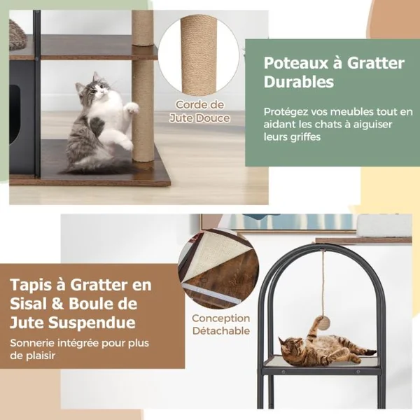 Arbre à Chat de 118 Cm de Haut avec Cadre en Métal Lit pour Chat Poteaux à Gratter en Jute Planche en Sisal Boule Suspendue Meuble d'Escalade Blanc