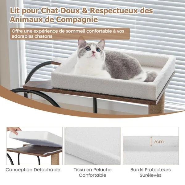 Arbre à Chat de 118 Cm de Haut avec Cadre en Métal Lit pour Chat Poteaux à Gratter en Jute Planche en Sisal Boule Suspendue Meuble d'Escalade Blanc