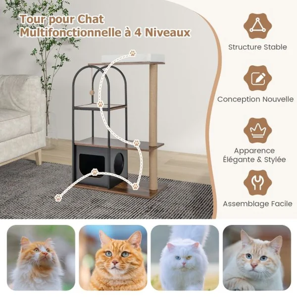 Arbre à Chat de 118 Cm de Haut avec Cadre en Métal Lit pour Chat Poteaux à Gratter en Jute Planche en Sisal Boule Suspendue Meuble d'Escalade Blanc