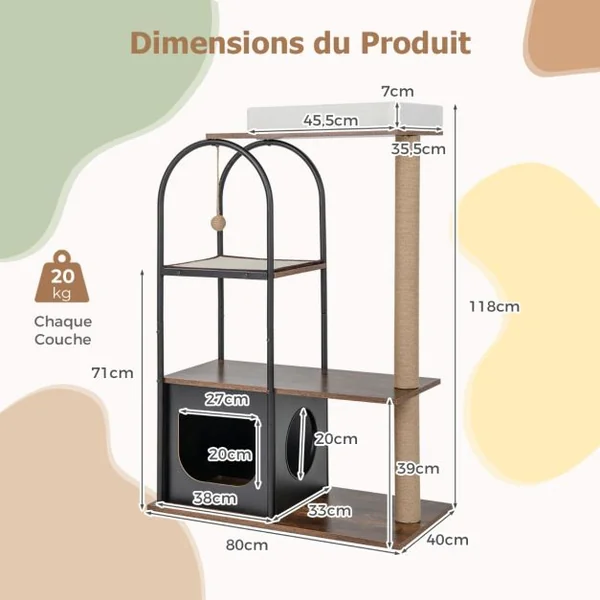 Arbre à Chat de 118 Cm de Haut avec Cadre en Métal Lit pour Chat Poteaux à Gratter en Jute Planche en Sisal Boule Suspendue Meuble d'Escalade Blanc