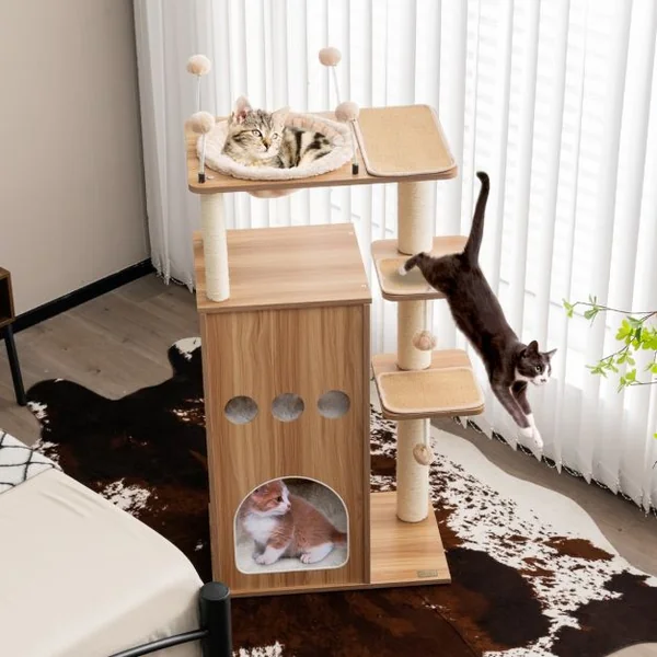 Arbre à Chat de 132,5CM avec Niche à 2 Niveaux Boules à Ressort Tour de Jeux pour Chats avec Coussins Amovibles et Panier Brun