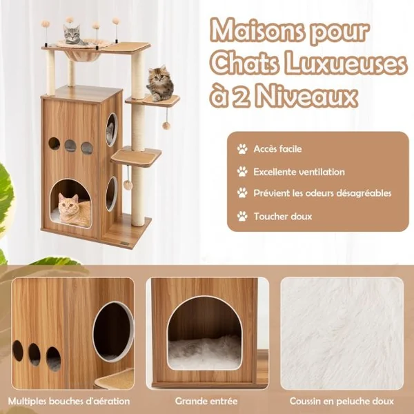Arbre à Chat de 132,5CM avec Niche à 2 Niveaux Boules à Ressort Tour de Jeux pour Chats avec Coussins Amovibles et Panier Brun