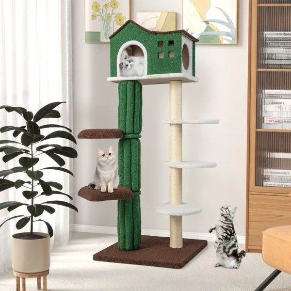 Arbre à Chat de 153 CM avec 5 Plateformes de Saut Rotative et Condo Tour de Jeu pour Chat avec Dispositif Anti-Renversement Vert