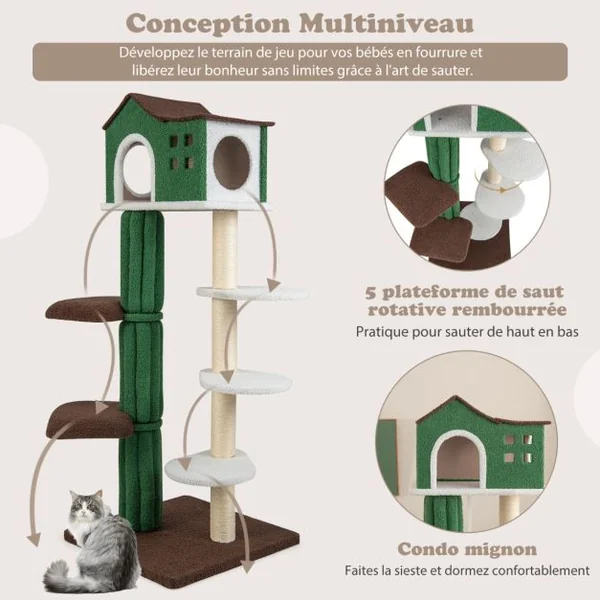 Arbre à Chat de 153 CM avec 5 Plateformes de Saut Rotative et Condo Tour de Jeu pour Chat avec Dispositif Anti-Renversement Vert