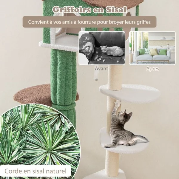 Arbre à Chat de 153 CM avec 5 Plateformes de Saut Rotative et Condo Tour de Jeu pour Chat avec Dispositif Anti-Renversement Vert