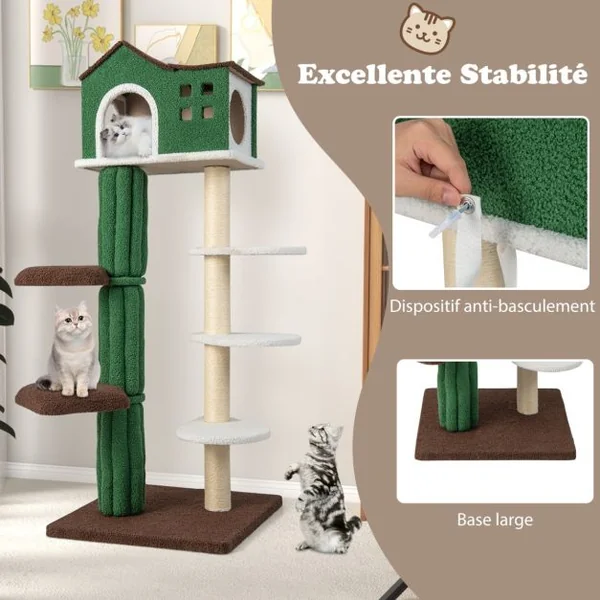 Arbre à Chat de 153 CM avec 5 Plateformes de Saut Rotative et Condo Tour de Jeu pour Chat avec Dispositif Anti-Renversement Vert