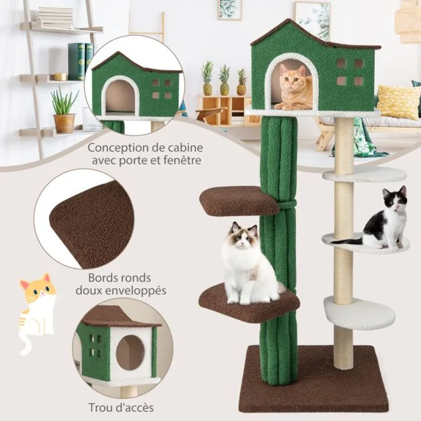 Arbre à Chat de 153 CM avec 5 Plateformes de Saut Rotative et Condo Tour de Jeu pour Chat avec Dispositif Anti-Renversement Vert