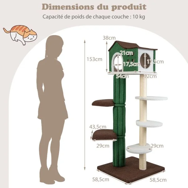 Arbre à Chat de 153 CM avec 5 Plateformes de Saut Rotative et Condo Tour de Jeu pour Chat avec Dispositif Anti-Renversement Vert
