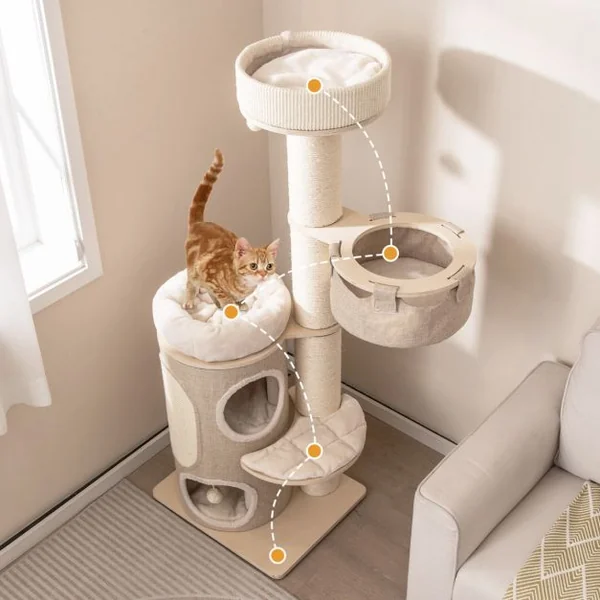 Arbre à Chat de 154 CM Tour à Plusieurs Niveaux pour Chats avec Condo à 2 Étages Perchoir Supérieur Poteaux à Gratter en Sisal Naturel