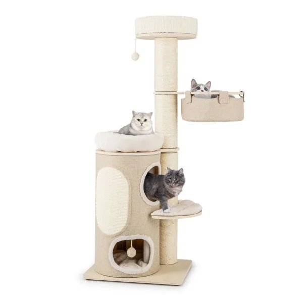 Arbre à Chat de 154 CM Tour à Plusieurs Niveaux pour Chats avec Condo à 2 Étages Perchoir Supérieur Poteaux à Gratter en Sisal Naturel