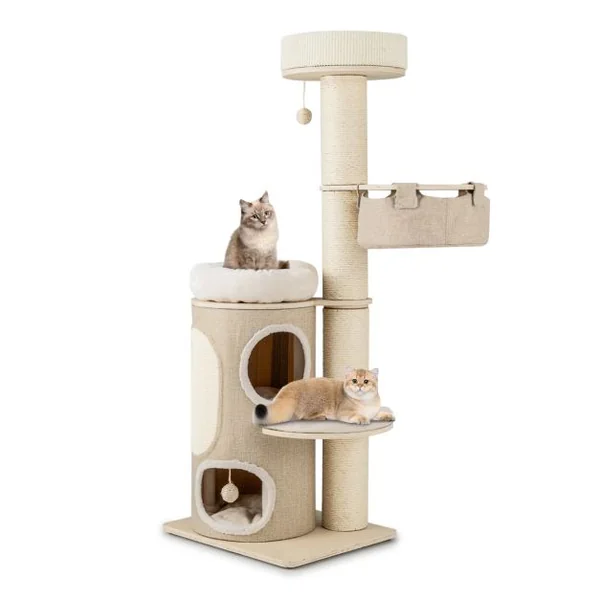 Arbre à Chat de 154 CM Tour à Plusieurs Niveaux pour Chats avec Condo à 2 Étages Perchoir Supérieur Poteaux à Gratter en Sisal Naturel