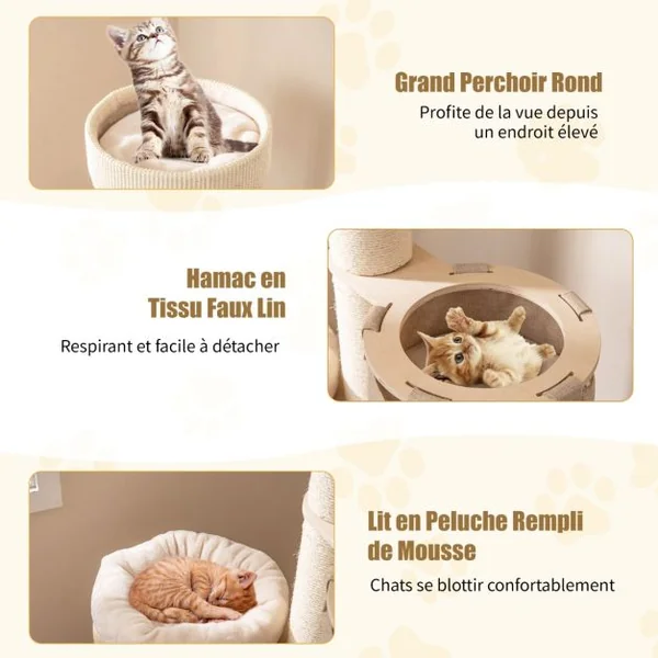 Arbre à Chat de 154 CM Tour à Plusieurs Niveaux pour Chats avec Condo à 2 Étages Perchoir Supérieur Poteaux à Gratter en Sisal Naturel