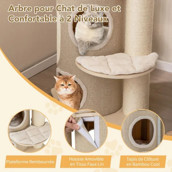 Arbre à Chat de 154 CM Tour à Plusieurs Niveaux pour Chats avec Condo à 2 Étages Perchoir Supérieur Poteaux à Gratter en Sisal Naturel