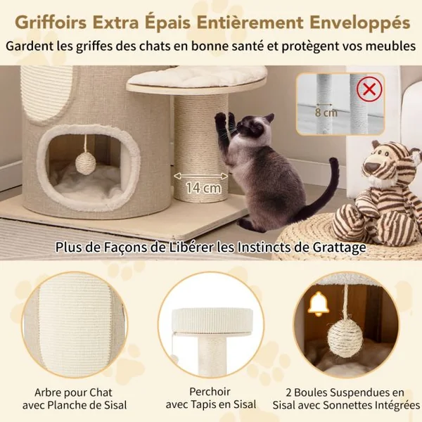 Arbre à Chat de 154 CM Tour à Plusieurs Niveaux pour Chats avec Condo à 2 Étages Perchoir Supérieur Poteaux à Gratter en Sisal Naturel