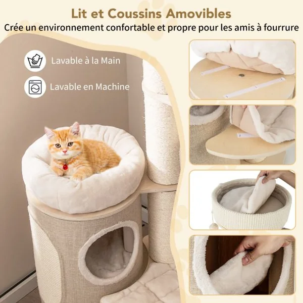 Arbre à Chat de 154 CM Tour à Plusieurs Niveaux pour Chats avec Condo à 2 Étages Perchoir Supérieur Poteaux à Gratter en Sisal Naturel