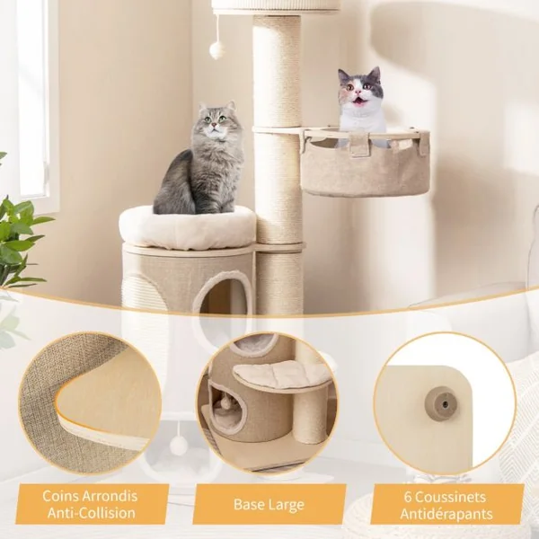 Arbre à Chat de 154 CM Tour à Plusieurs Niveaux pour Chats avec Condo à 2 Étages Perchoir Supérieur Poteaux à Gratter en Sisal Naturel
