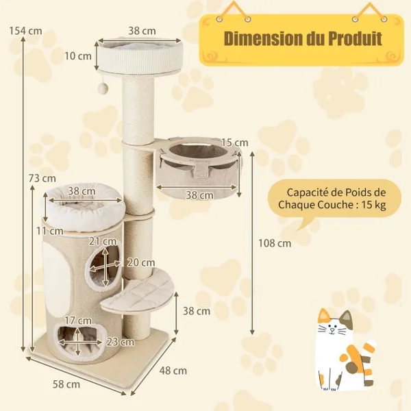Arbre à Chat de 154 CM Tour à Plusieurs Niveaux pour Chats avec Condo à 2 Étages Perchoir Supérieur Poteaux à Gratter en Sisal Naturel