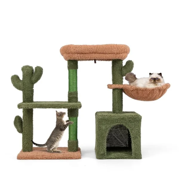 Arbre à Chat de 81cm de Haut Tour pour Chat en Forme de Cactus Vert Multi-niveaux Perchoir Condo Hamac Poteaux à Gratter en Sisal Vert