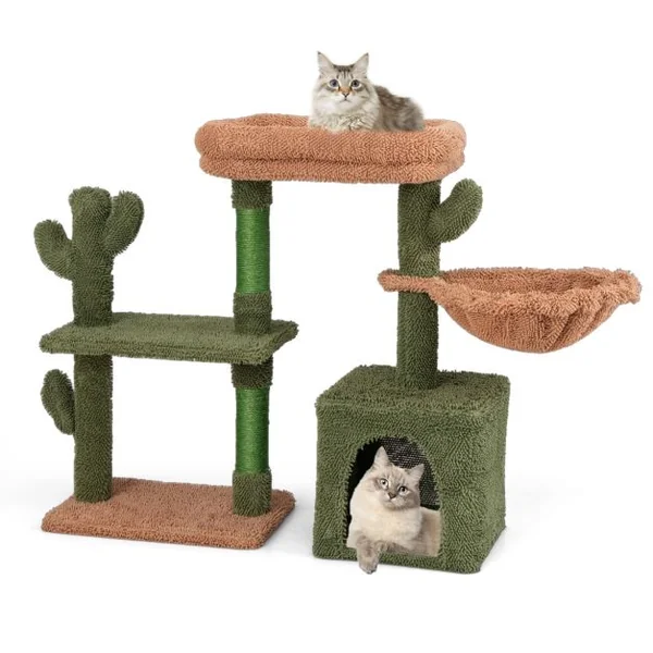 Arbre à Chat de 81cm de Haut Tour pour Chat en Forme de Cactus Vert Multi-niveaux Perchoir Condo Hamac Poteaux à Gratter en Sisal Vert
