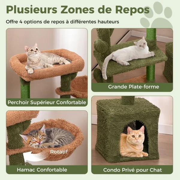 Arbre à Chat de 81cm de Haut Tour pour Chat en Forme de Cactus Vert Multi-niveaux Perchoir Condo Hamac Poteaux à Gratter en Sisal Vert