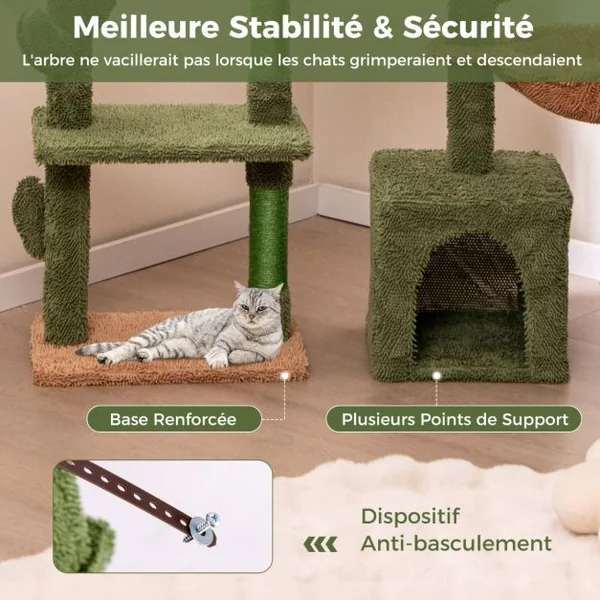 Arbre à Chat de 81cm de Haut Tour pour Chat en Forme de Cactus Vert Multi-niveaux Perchoir Condo Hamac Poteaux à Gratter en Sisal Vert
