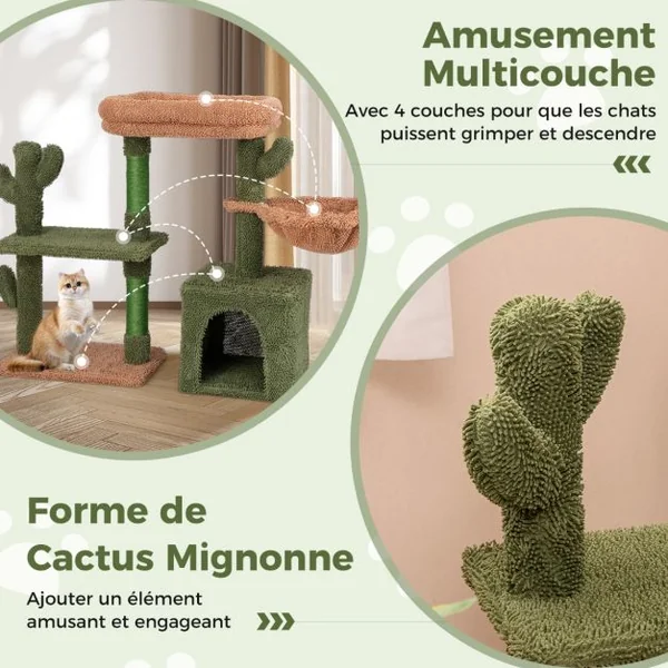 Arbre à Chat de 81cm de Haut Tour pour Chat en Forme de Cactus Vert Multi-niveaux Perchoir Condo Hamac Poteaux à Gratter en Sisal Vert