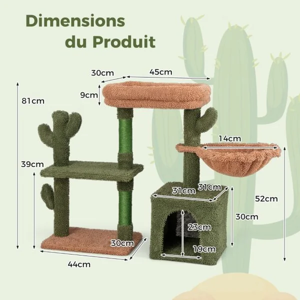 Arbre à Chat de 81cm de Haut Tour pour Chat en Forme de Cactus Vert Multi-niveaux Perchoir Condo Hamac Poteaux à Gratter en Sisal Vert