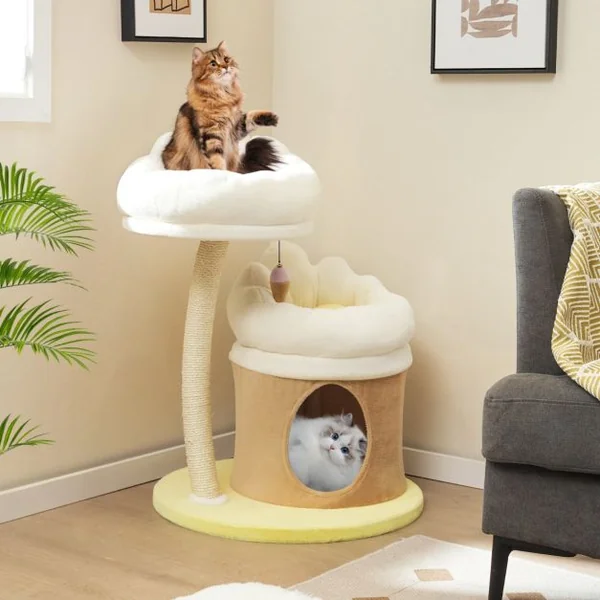 Arbre à Chat de 83 cm Tour à Chat Intérieur à Plusieurs Niveaux avec Condo Poteau à Gratter en Sisal Blanc